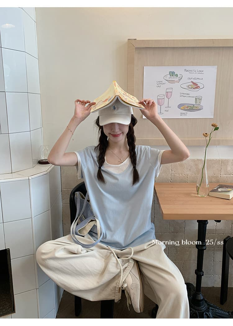눈꽃 면 페이크 레이어드 V넥 반팔 티셔츠 여성 의류 한 부서 루즈핏 디자인 센스 작은 맨위 상세 이미지 10
