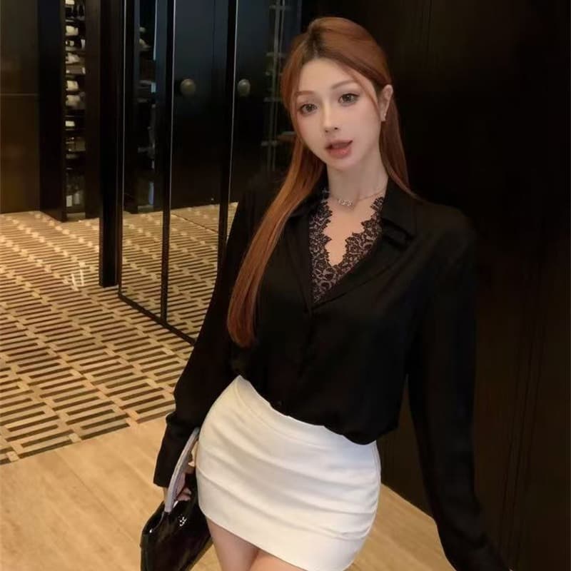 좋은 품질 화이트 레이스 조각 긴팔 여성 셔츠 새로운 천 골드 고급 센스 빛 럭셔리 연령 감소 맨위 이미지 5