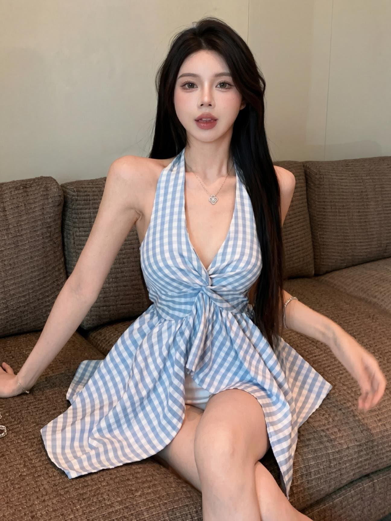 한국 스타일 여성 지방 mm 체크무늬 튜브탑 조끼 핫걸 섹시함 불규칙 맨위 상세 이미지 4