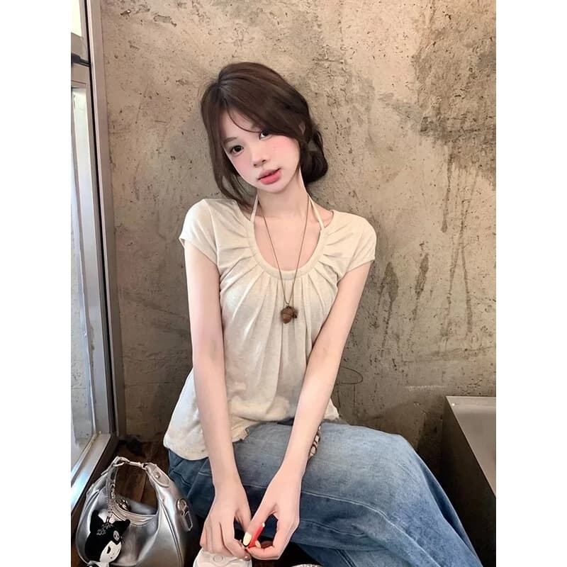 한국 스타일 품격 부드러운 순수한 욕망 작은 여자 u 칼라 슬림해 보이는 티셔츠 맨위