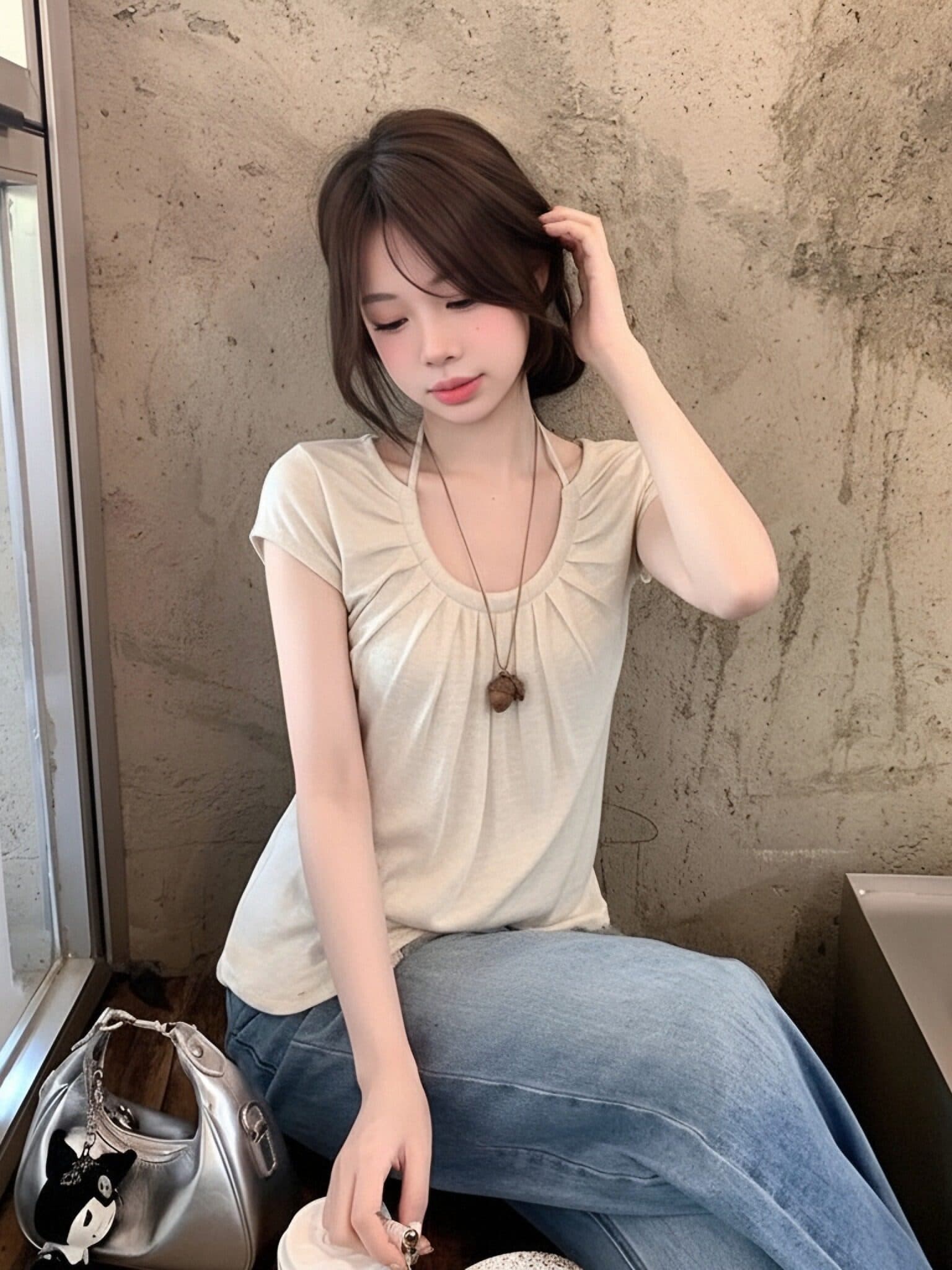 한국 스타일 품격 부드러운 순수한 욕망 작은 여자 u 칼라 슬림해 보이는 티셔츠 맨위 상세 이미지 6