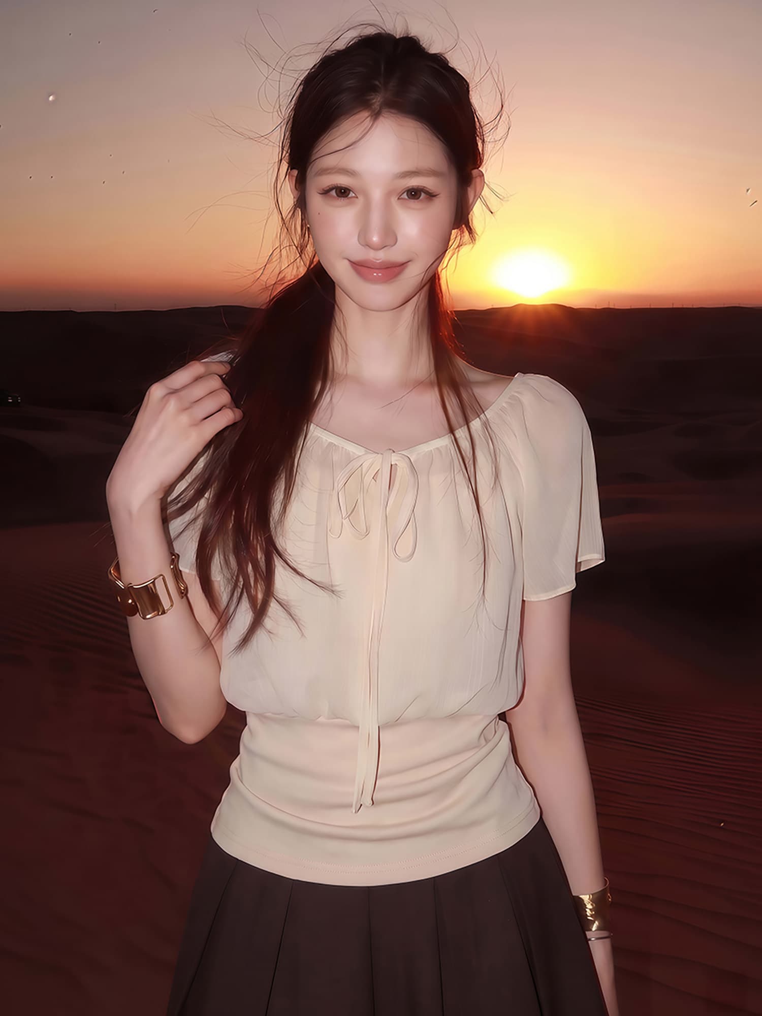 얕은 살구 색상 페이크 레이어드 패치워크 레이스업 V넥 연꽃 잎 소매 셔츠 품격 맨위 상세 이미지 3