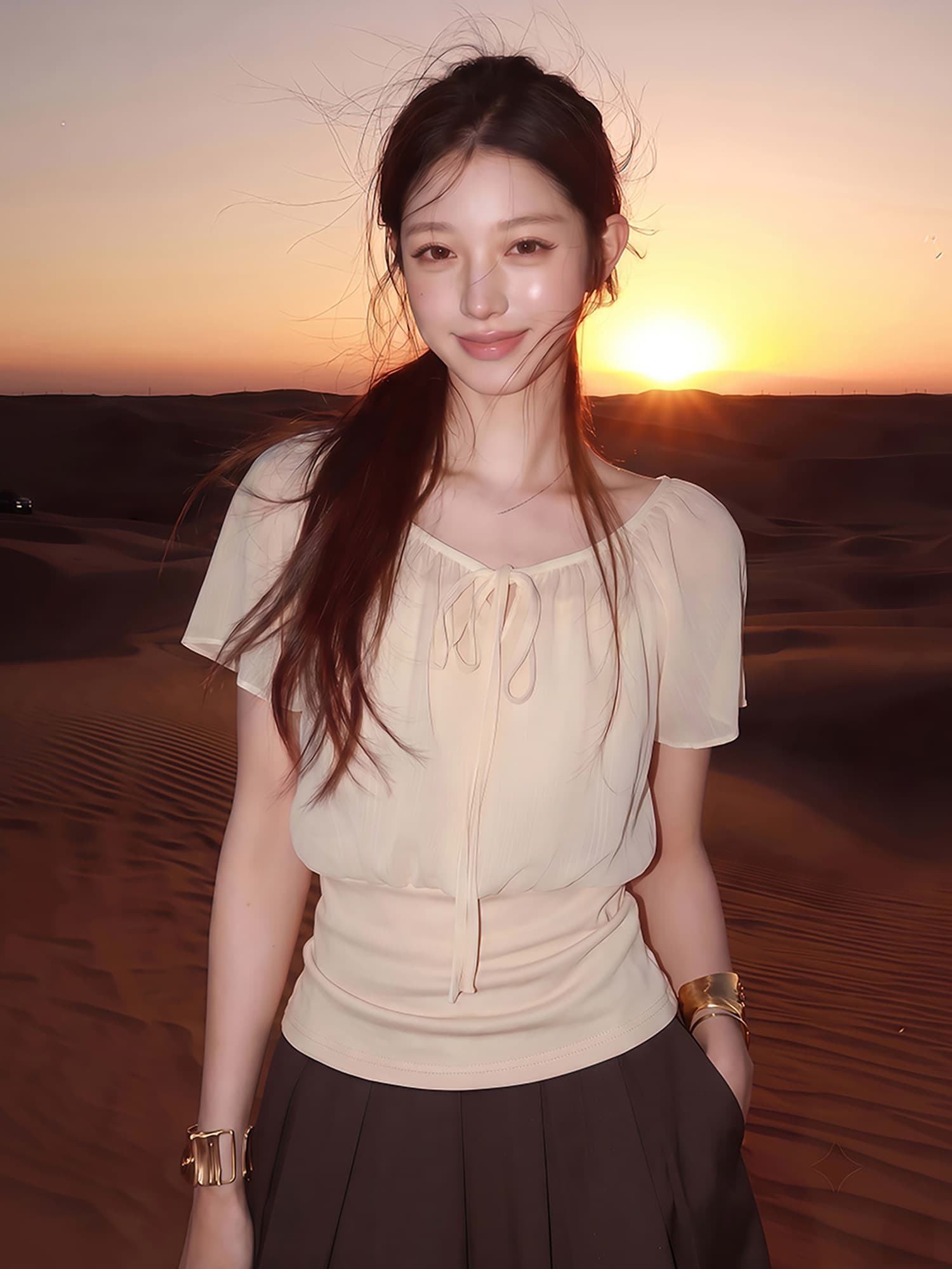얕은 살구 색상 페이크 레이어드 패치워크 레이스업 V넥 연꽃 잎 소매 셔츠 품격 맨위 상세 이미지 4