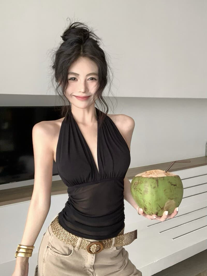 핫걸 바람 브라운 펌프 Pleat 행침 목 캐미솔 여름 아메리칸 섹시함 허리 수축 슬림해 보이는 쇼트 스타일 맨위 상세 이미지 3
