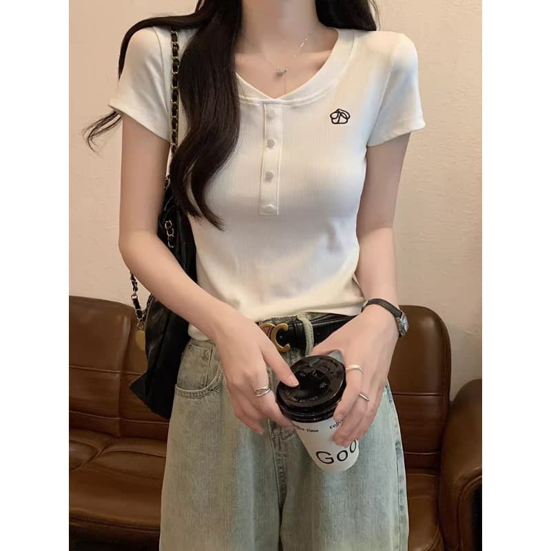 이후 테두리 원본 주간 고양이 품질 긍정적 인 어깨 반팔 티셔츠 여성 의류 여름 작은 키 몸매 가꾸기 맨위 이미지 3