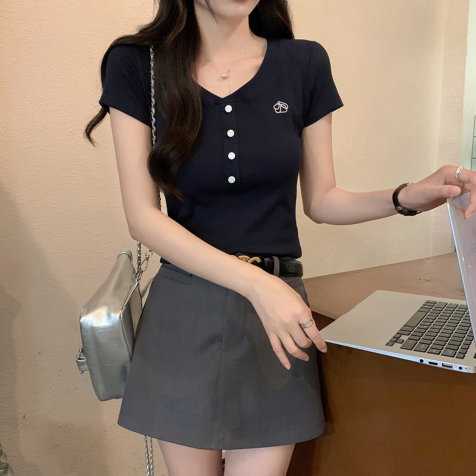 이후 테두리 원본 주간 고양이 품질 긍정적 인 어깨 반팔 티셔츠 여성 의류 여름 작은 키 몸매 가꾸기 맨위 상세 이미지 6