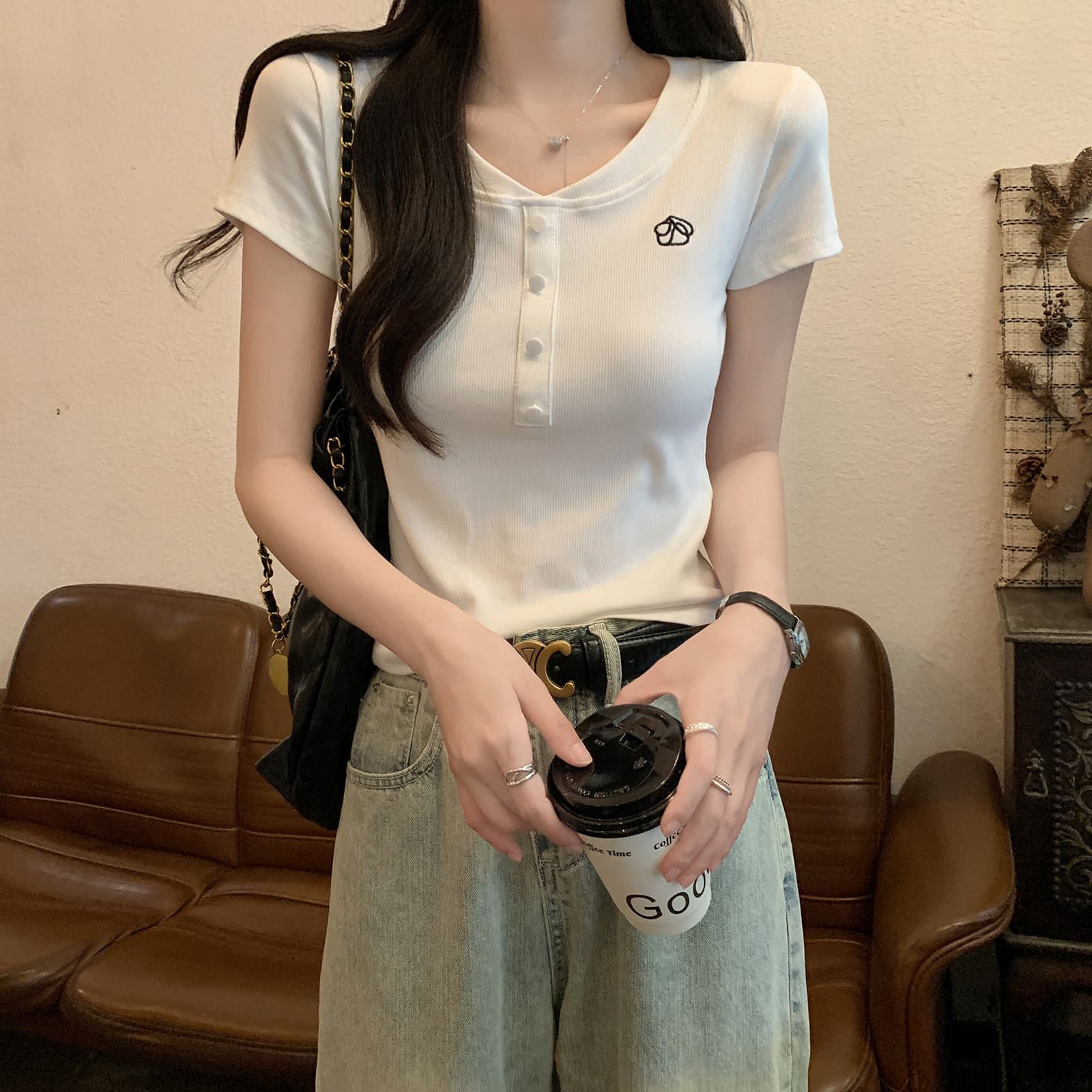 이후 테두리 원본 주간 고양이 품질 긍정적 인 어깨 반팔 티셔츠 여성 의류 여름 작은 키 몸매 가꾸기 맨위 상세 이미지 13