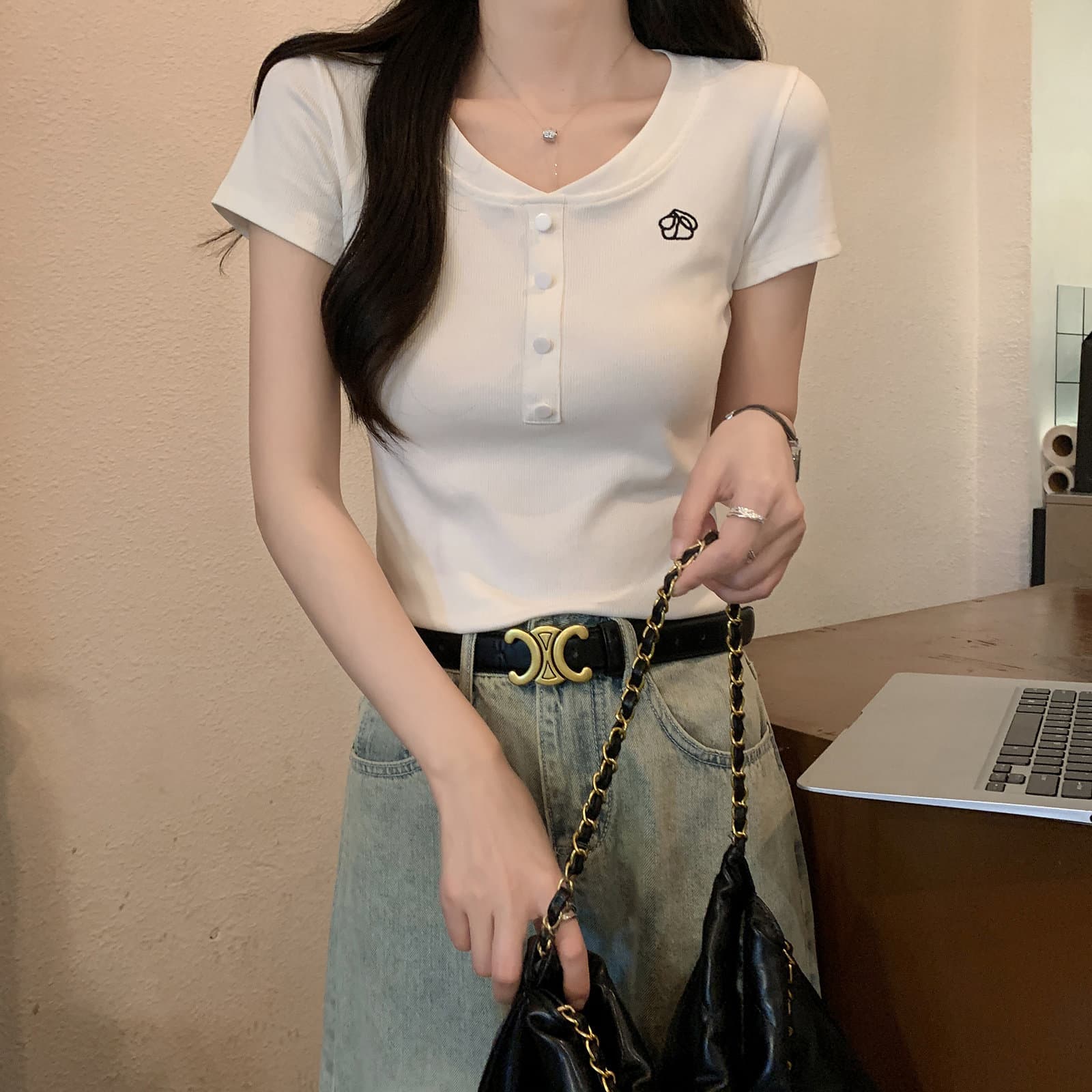 이후 테두리 원본 주간 고양이 품질 긍정적 인 어깨 반팔 티셔츠 여성 의류 여름 작은 키 몸매 가꾸기 맨위 상세 이미지 22