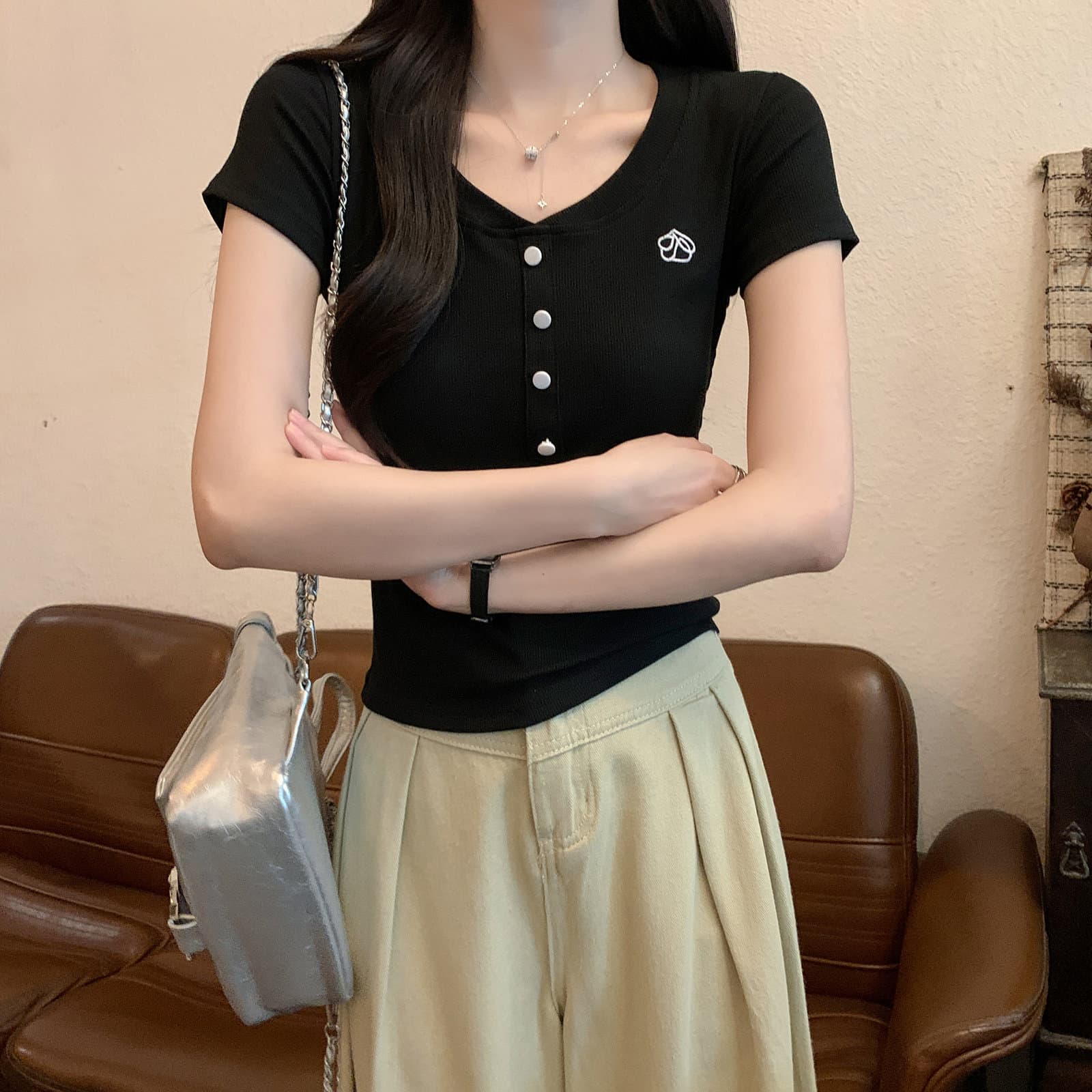 이후 테두리 원본 주간 고양이 품질 긍정적 인 어깨 반팔 티셔츠 여성 의류 여름 작은 키 몸매 가꾸기 맨위 상세 이미지 26