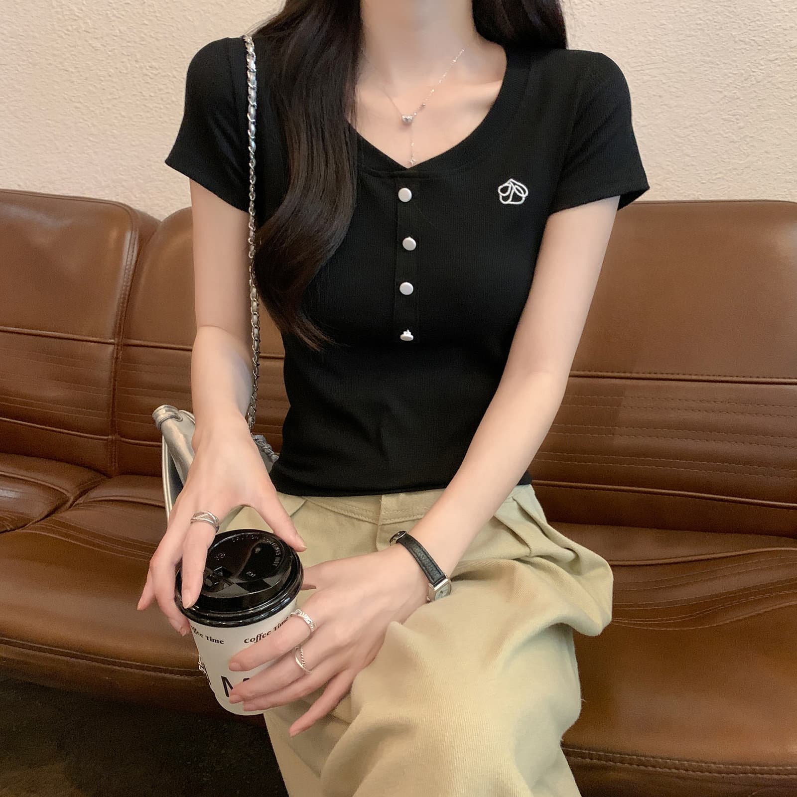 이후 테두리 원본 주간 고양이 품질 긍정적 인 어깨 반팔 티셔츠 여성 의류 여름 작은 키 몸매 가꾸기 맨위 상세 이미지 29
