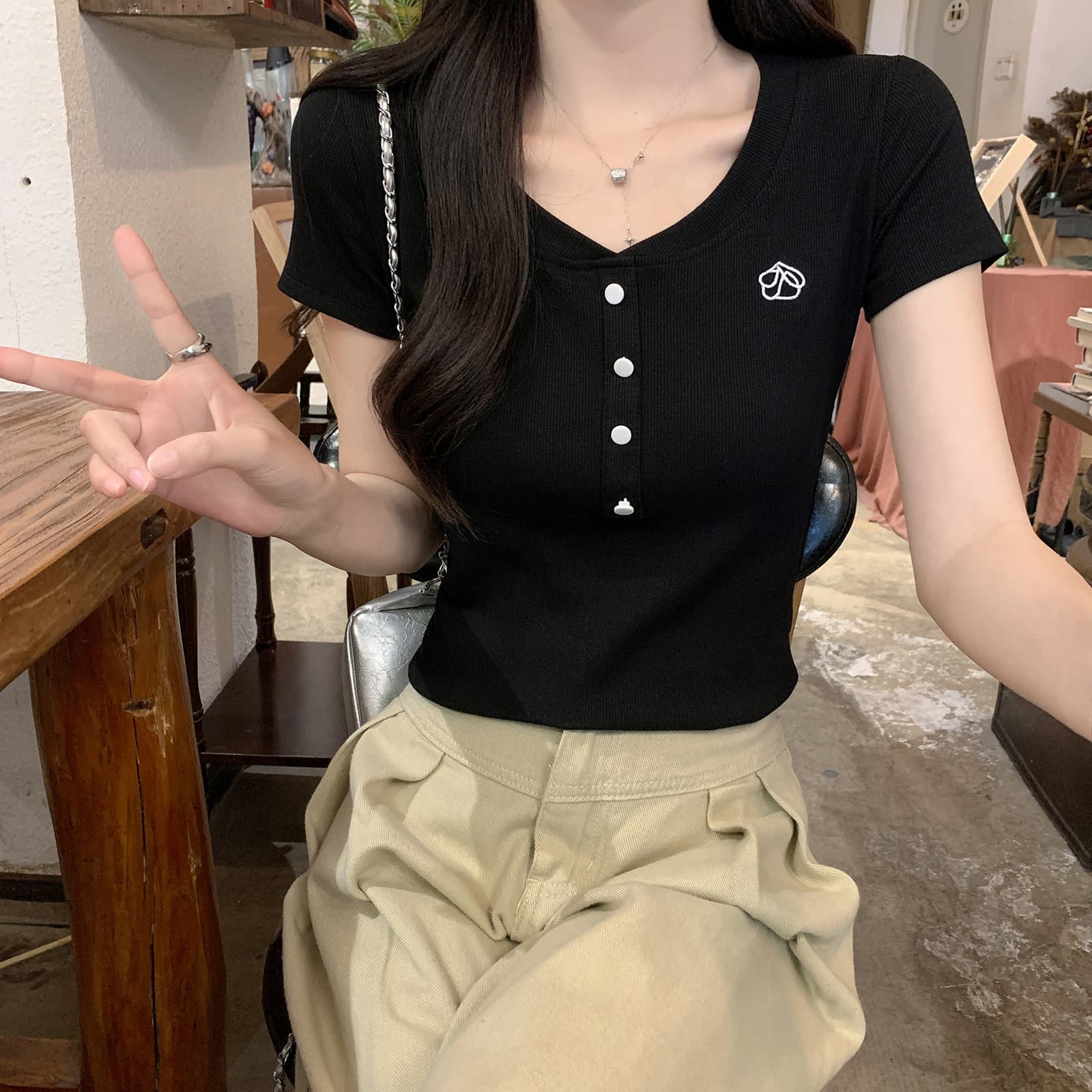 이후 테두리 원본 주간 고양이 품질 긍정적 인 어깨 반팔 티셔츠 여성 의류 여름 작은 키 몸매 가꾸기 맨위 상세 이미지 31