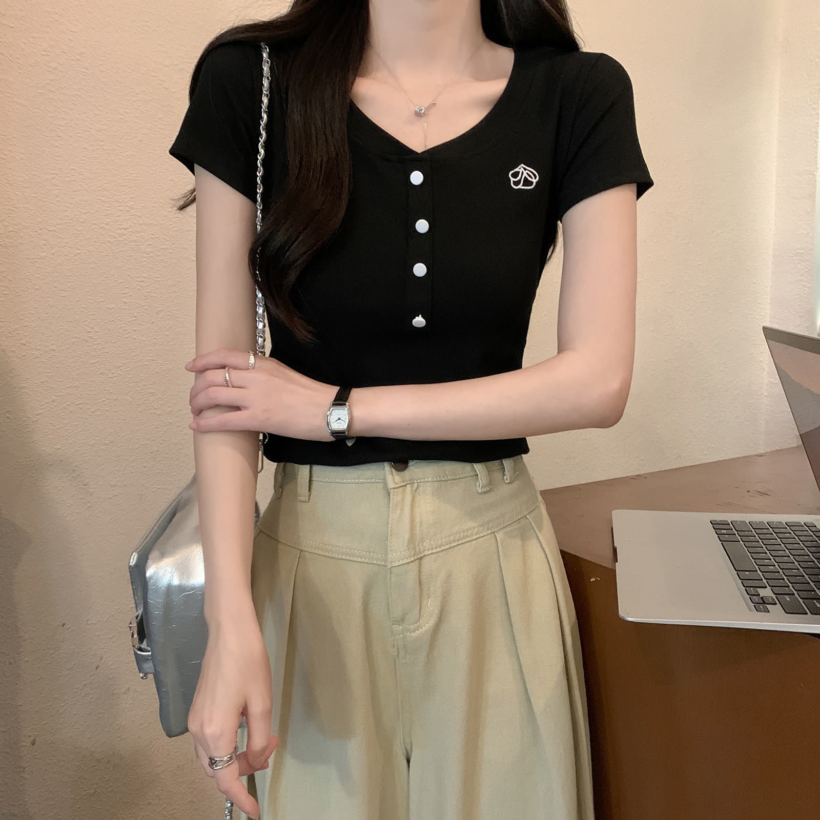 이후 테두리 원본 주간 고양이 품질 긍정적 인 어깨 반팔 티셔츠 여성 의류 여름 작은 키 몸매 가꾸기 맨위 상세 이미지 34