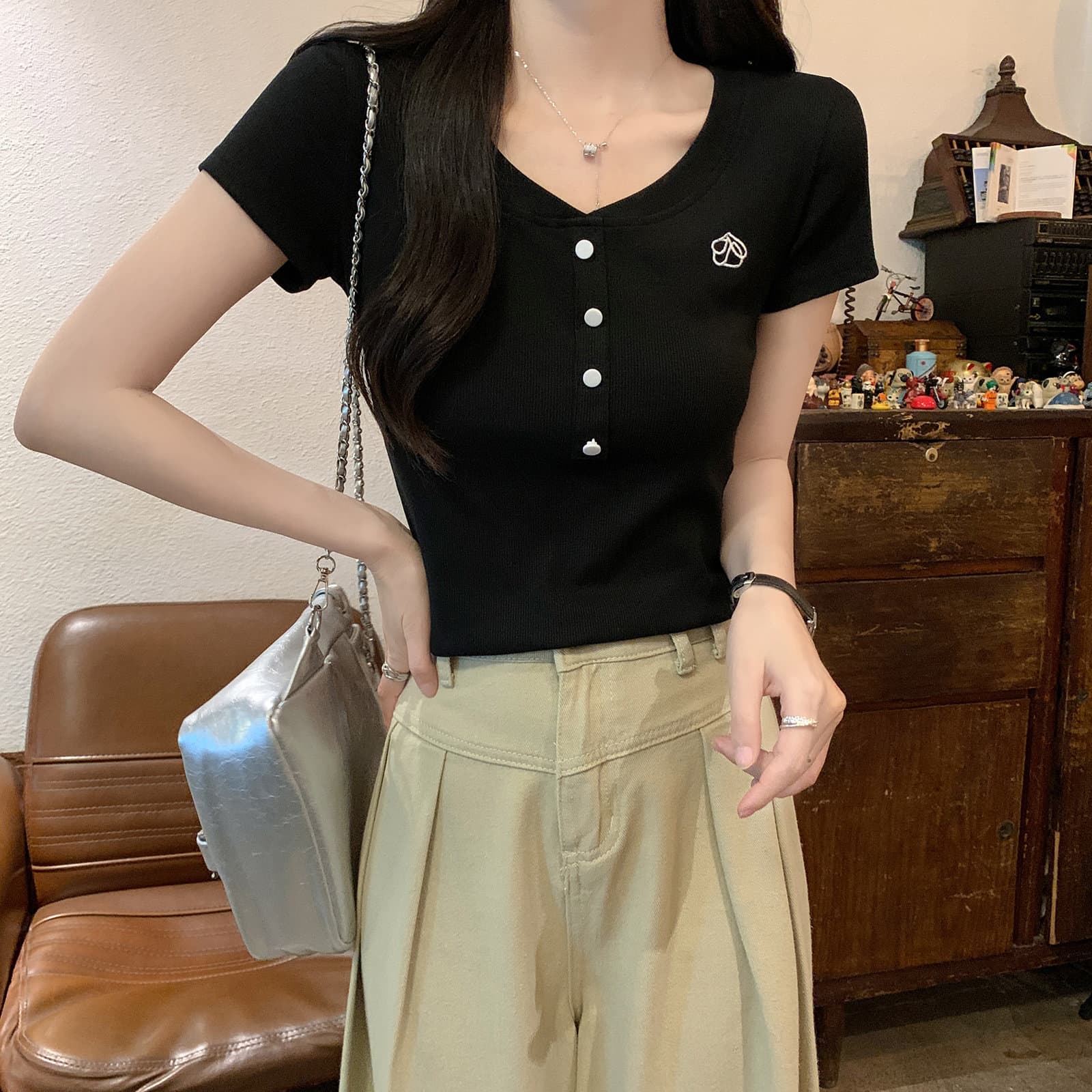 이후 테두리 원본 주간 고양이 품질 긍정적 인 어깨 반팔 티셔츠 여성 의류 여름 작은 키 몸매 가꾸기 맨위 상세 이미지 36