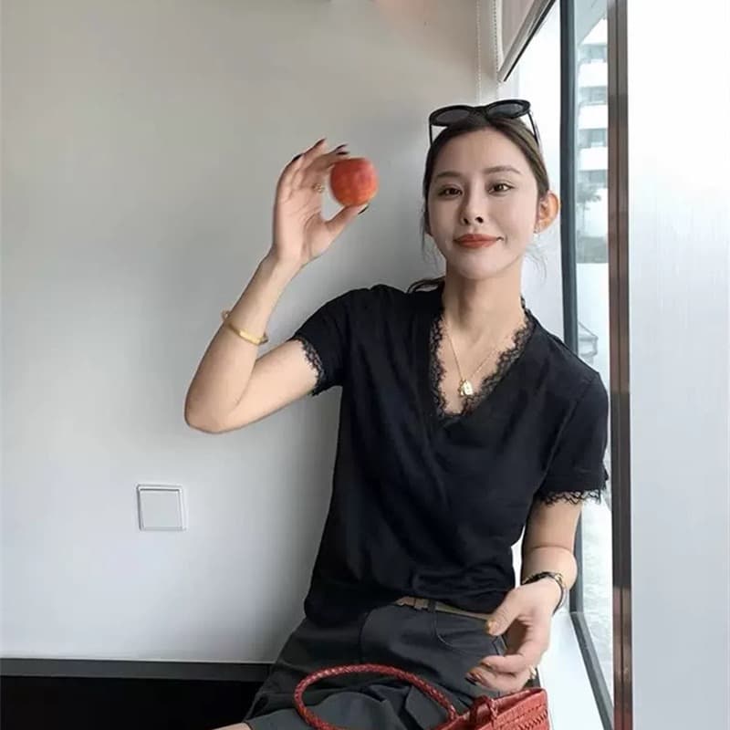 원본 품질 레이스 조각 반팔 티셔츠 여름 디자인 센스 스트라이프 질감 센스 루즈핏 맨위 이미지 5