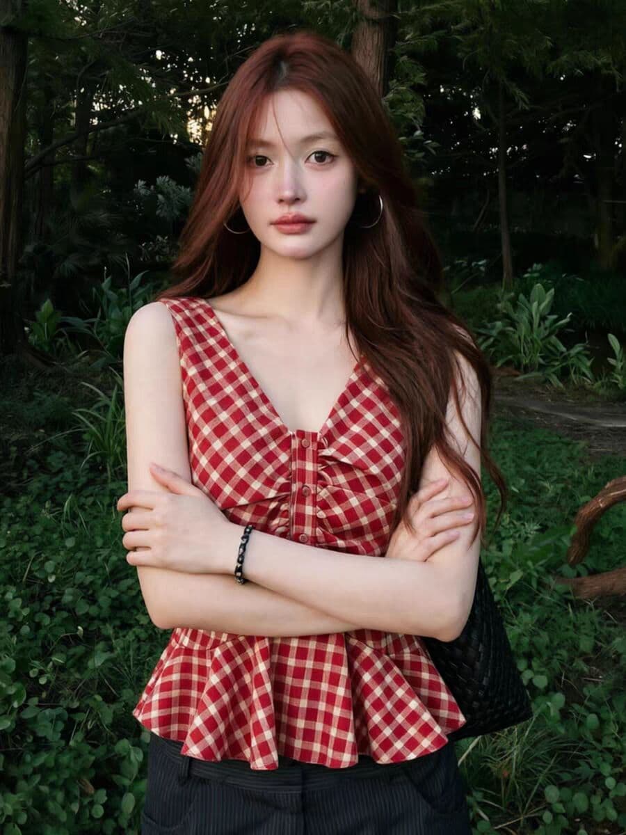 원본 원단 빨간색 체크무늬 V넥 캐미솔 여름 프릴 허리 수축 달콤한 핫걸 맨위 상세 이미지 6