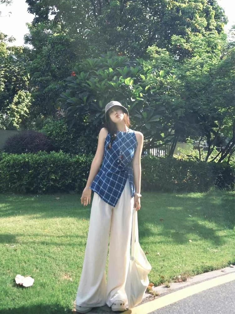 빅 사이즈 여성 의류 지방 mm 한국 스타일 불규칙 트임 체크무늬 민소매 조끼 캐주얼 다용도 슬림해 보이는 맨위 이미지 4