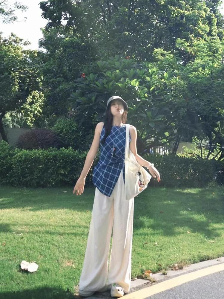 빅 사이즈 여성 의류 지방 mm 한국 스타일 불규칙 트임 체크무늬 민소매 조끼 캐주얼 다용도 슬림해 보이는 맨위 이미지 2
