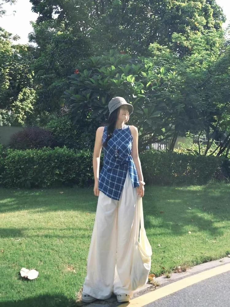 빅 사이즈 여성 의류 지방 mm 한국 스타일 불규칙 트임 체크무늬 민소매 조끼 캐주얼 다용도 슬림해 보이는 맨위 상세 이미지 4