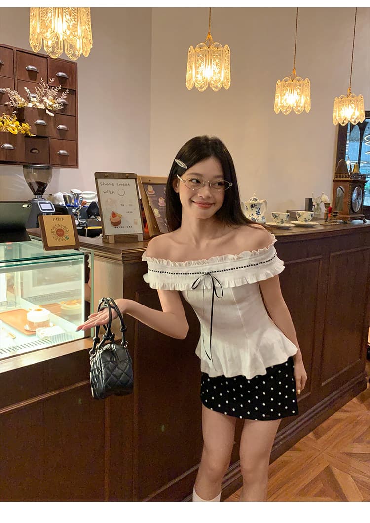 원본 원단 자카드 프랑스식 순수한 욕망 화이트 오프숄더 반팔 티셔츠 여성 여름 오프숄더 허리 수축 맨위 상세 이미지 2