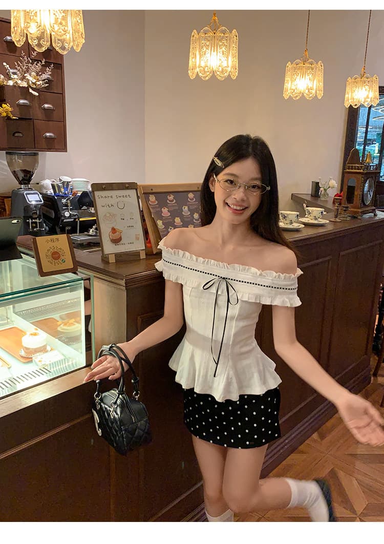 원본 원단 자카드 프랑스식 순수한 욕망 화이트 오프숄더 반팔 티셔츠 여성 여름 오프숄더 허리 수축 맨위 상세 이미지 12