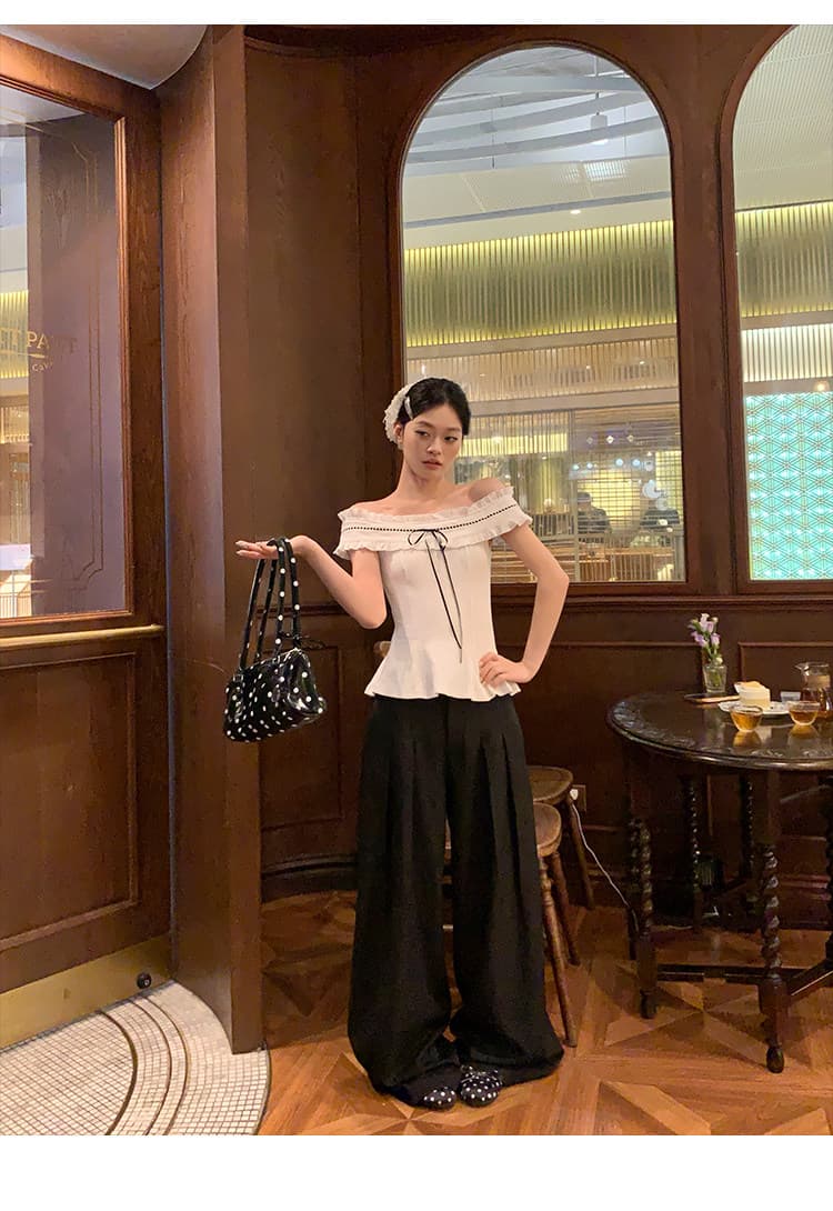 원본 원단 자카드 프랑스식 순수한 욕망 화이트 오프숄더 반팔 티셔츠 여성 여름 오프숄더 허리 수축 맨위 상세 이미지 16