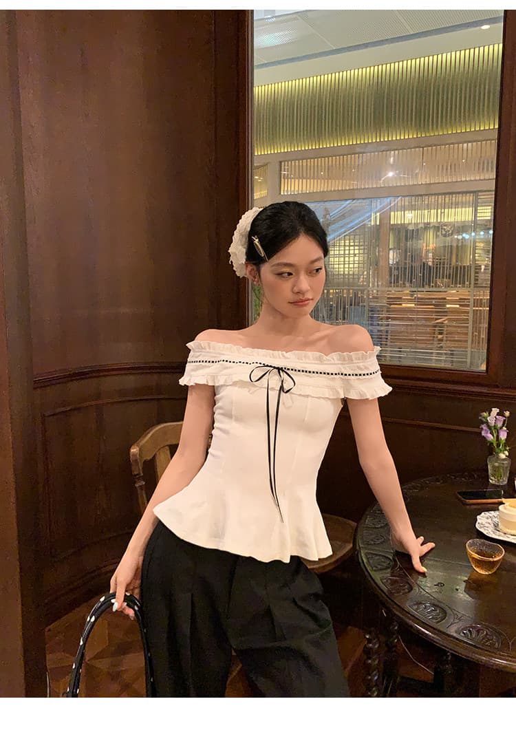 원본 원단 자카드 프랑스식 순수한 욕망 화이트 오프숄더 반팔 티셔츠 여성 여름 오프숄더 허리 수축 맨위 상세 이미지 17