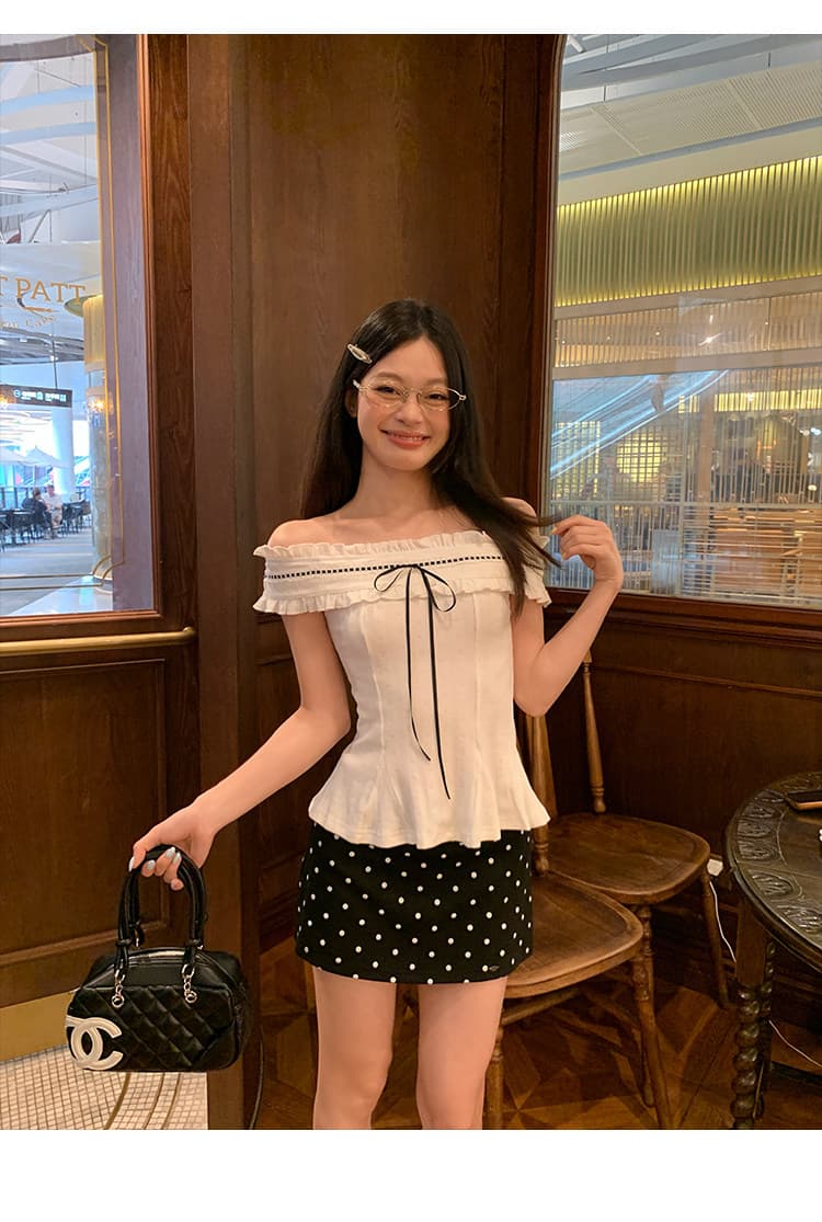 원본 원단 자카드 프랑스식 순수한 욕망 화이트 오프숄더 반팔 티셔츠 여성 여름 오프숄더 허리 수축 맨위 상세 이미지 18