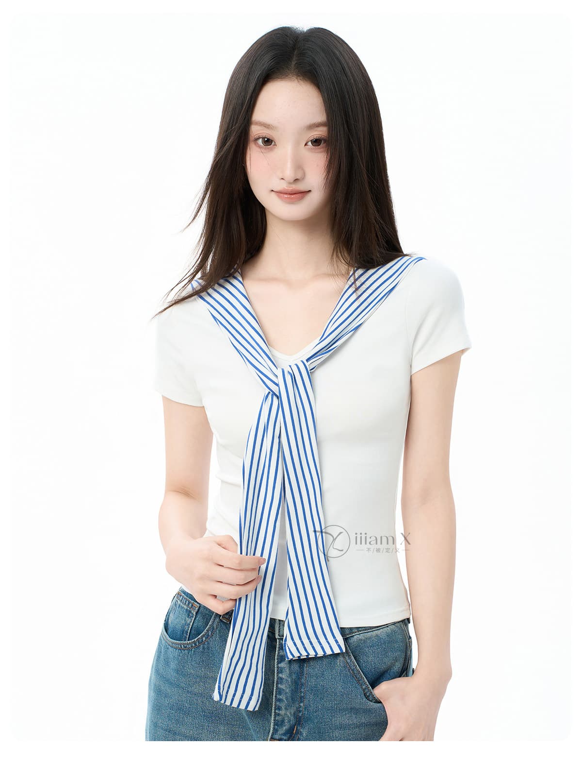 원본 품질 학원 스타일 화이트 해군 칼라 반팔 티셔츠 긍정적 인 어깨 여름 섹션 마이크로 지방 몸매 가꾸기 숄 맨위 상세 이미지 2