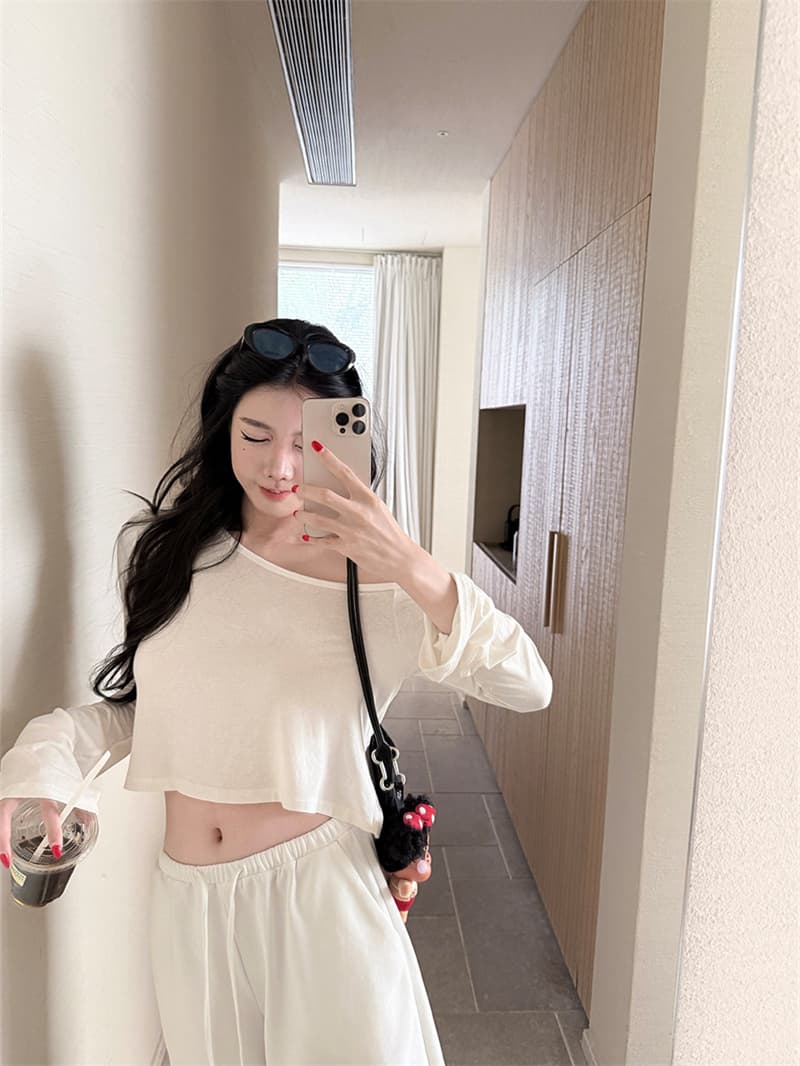 사람들 면 260 그램 보라색 비스듬한 어깨 긴팔 자외선 차단 블라우스 맨위 여성 이른 가을 오프숄더 티셔츠 상세 이미지 6