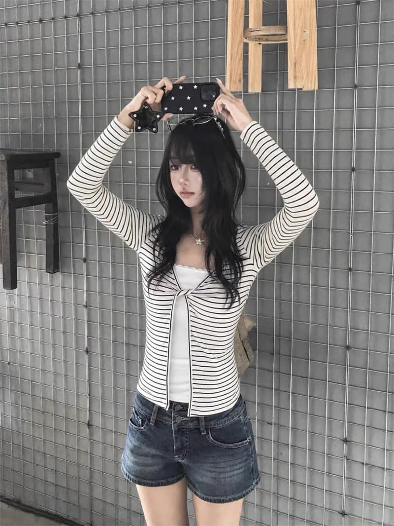 한 부서 chic 흑백 줄무늬 페이크 레이어드 긴팔 가을 몸매 가꾸기 슬림해 보이는 맨위 이미지 2