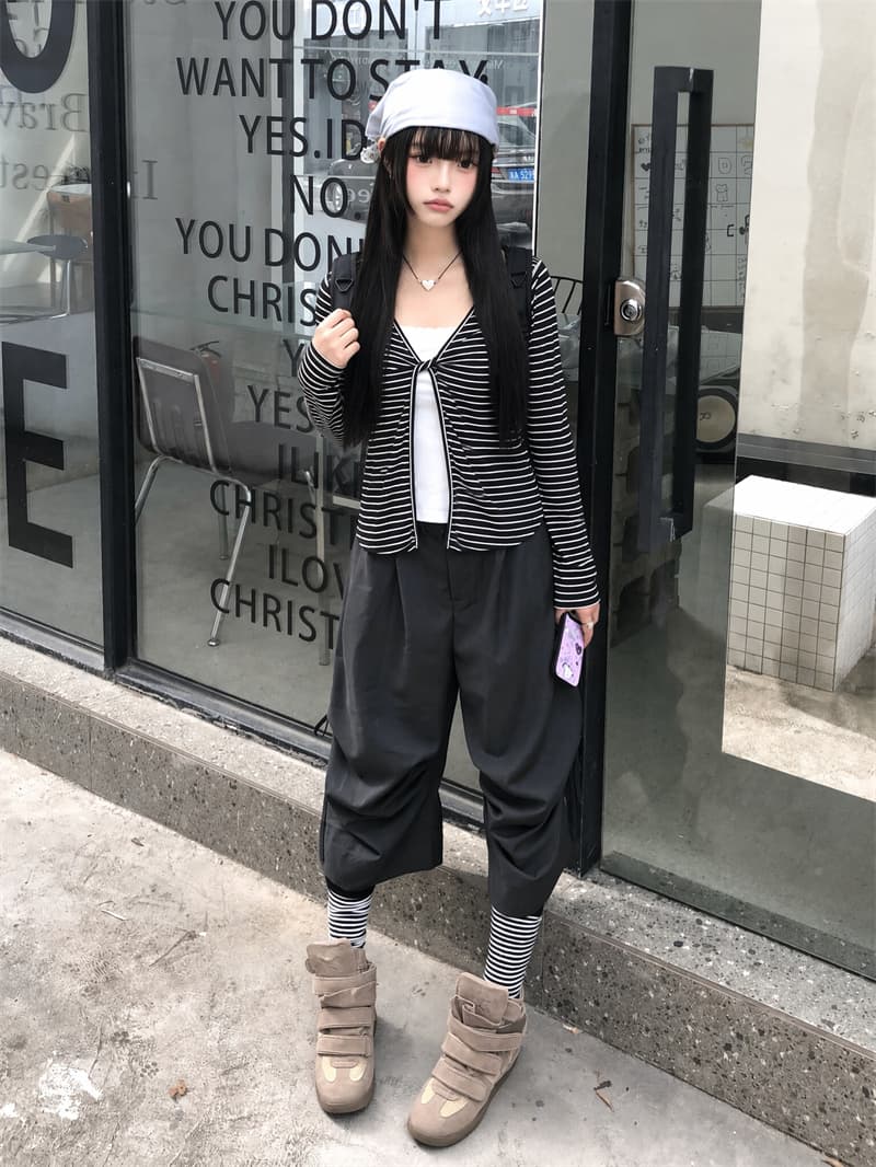 한 부서 chic 흑백 줄무늬 페이크 레이어드 긴팔 가을 몸매 가꾸기 슬림해 보이는 맨위 이미지 3