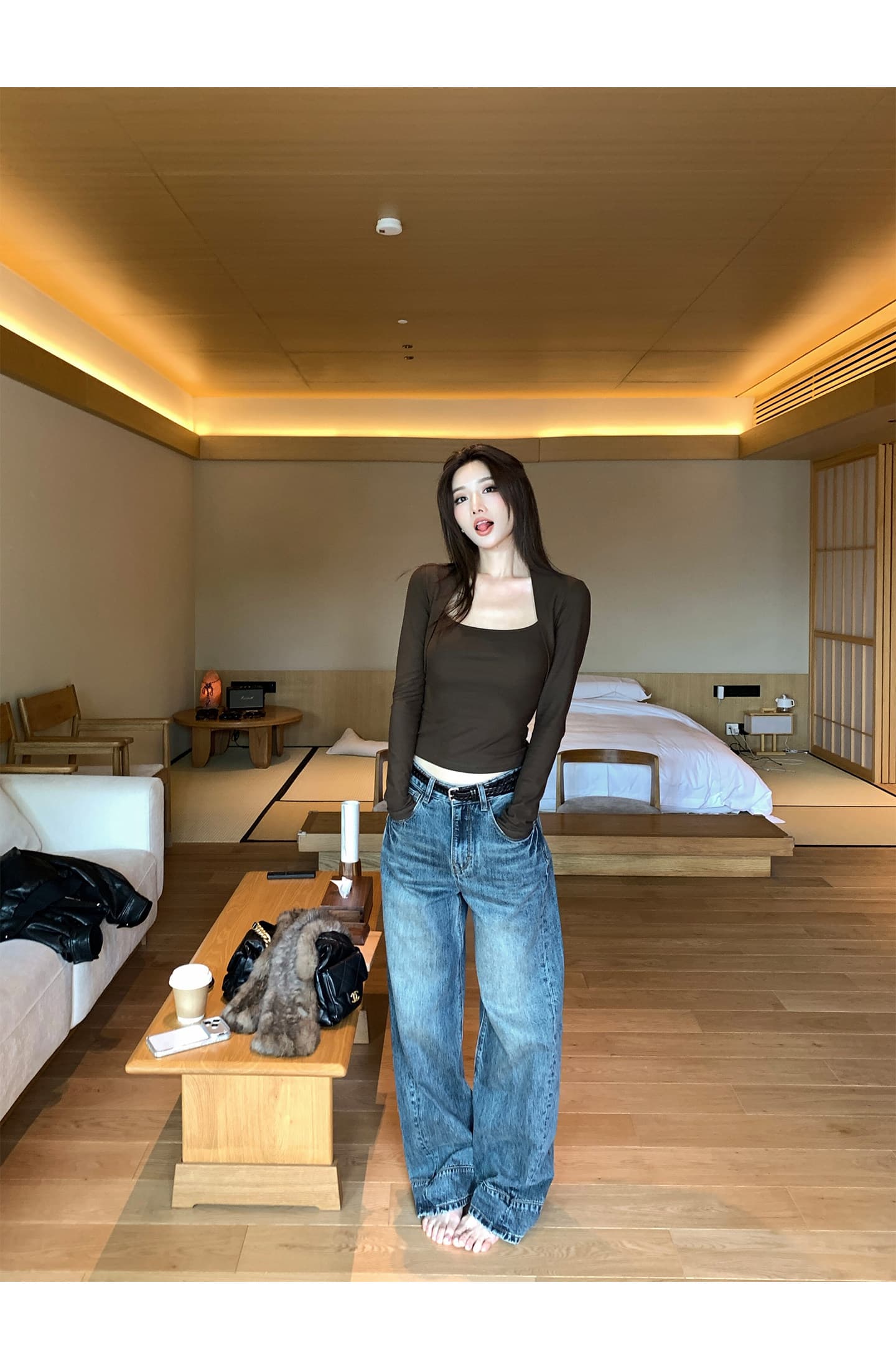원본 것 이전 너비 이중층 핫걸 검정색 슬림해 보이는 긴팔 티셔츠 여성 가을 핫걸 인사이드 잡아라. 의류 상세 이미지 3