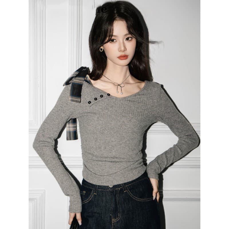 품질 순수한 욕망 긴팔 티셔츠 여성 봄 가을 나비 매듭 스트랩 디자인 센스 몸매 가꾸기 이슬 쇄골 맨위 이미지 4