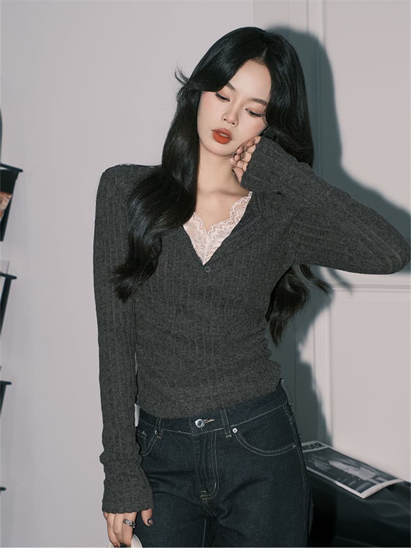 사람들 면 구덩이 기사 연삭 털 품격 회색 레이스 페이크 레이어드 V넥 핫걸 긴팔 만나는 맨위 상세 이미지 3