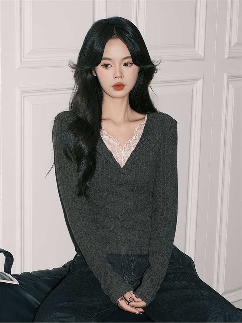 사람들 면 구덩이 기사 연삭 털 품격 회색 레이스 페이크 레이어드 V넥 핫걸 긴팔 만나는 맨위 상세 이미지 8