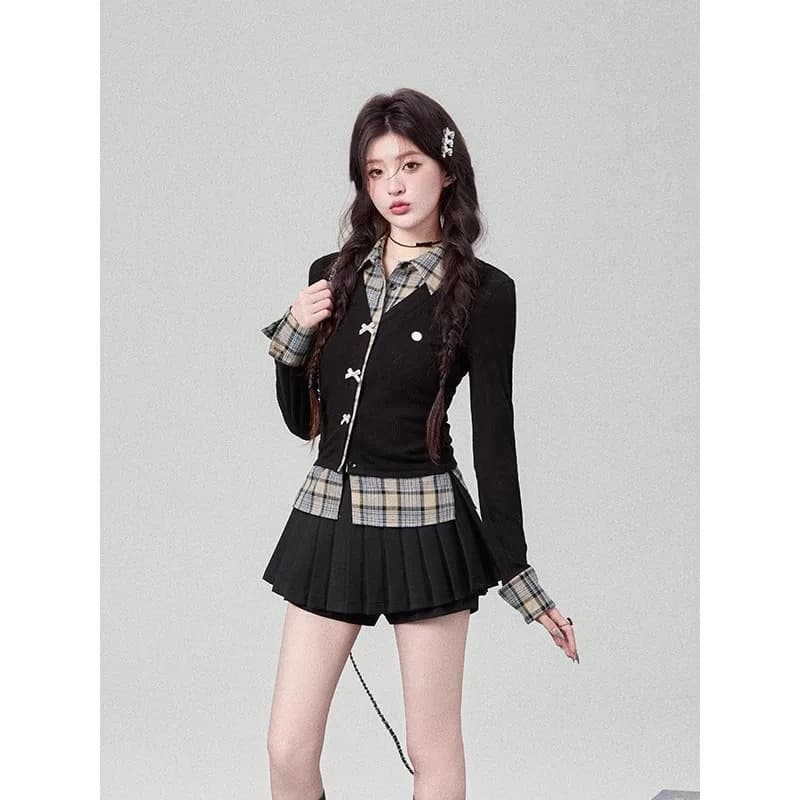 한 부서 페이크 레이어드 체크무늬 패치워크 셔츠 가을 겨울 나비 매듭 인사이드 가져 가라. 만나는 맨위 상세 이미지 2