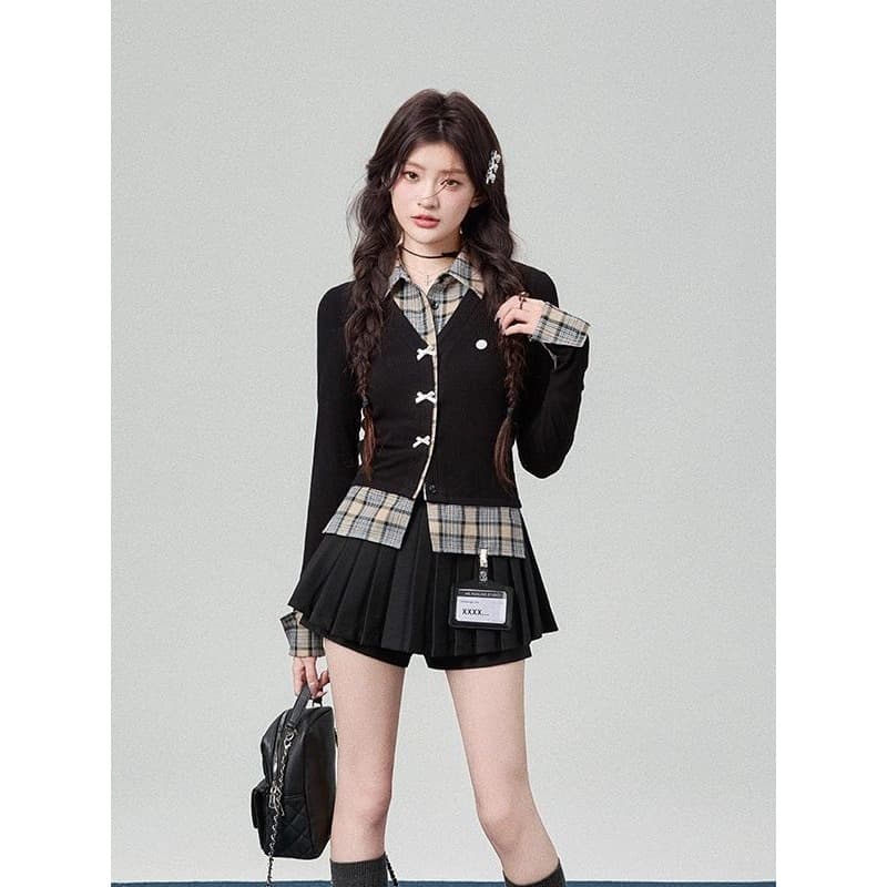 한 부서 페이크 레이어드 체크무늬 패치워크 셔츠 가을 겨울 나비 매듭 인사이드 가져 가라. 만나는 맨위 상세 이미지 3