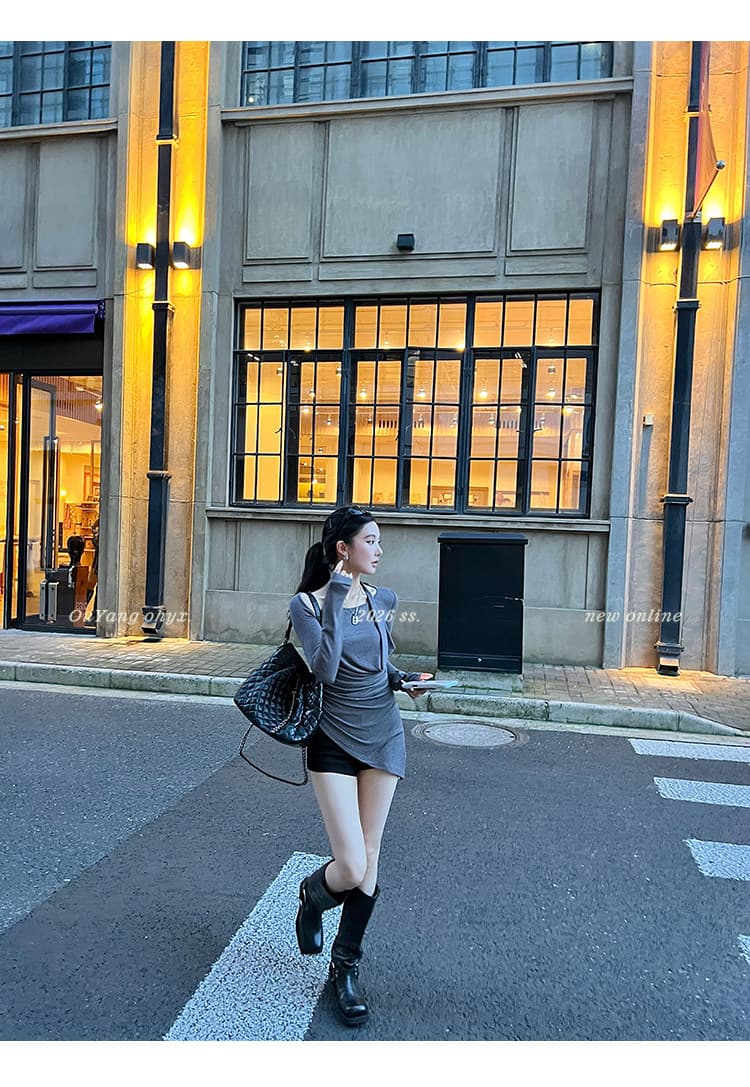 자이언트 잘 생긴 주름 몸매 가꾸기 다용도 흔들다 칼라 가을 겨울 불규칙 슈퍼 매운맛 긴팔 티셔츠 상세 이미지 12