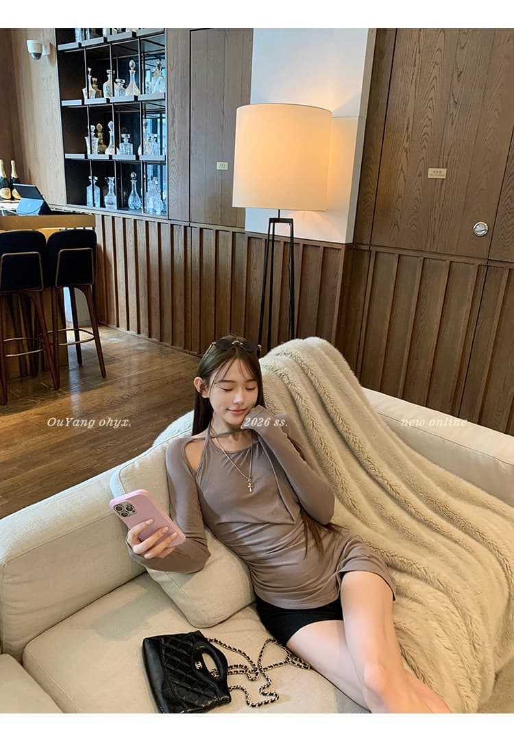 2026 한국 회색 긴팔 티셔츠 슬림해 보이는 불규칙 종이 사람들 자외선 차단 블라우스 꼬집기 허리 위로 의류 상세 이미지 26