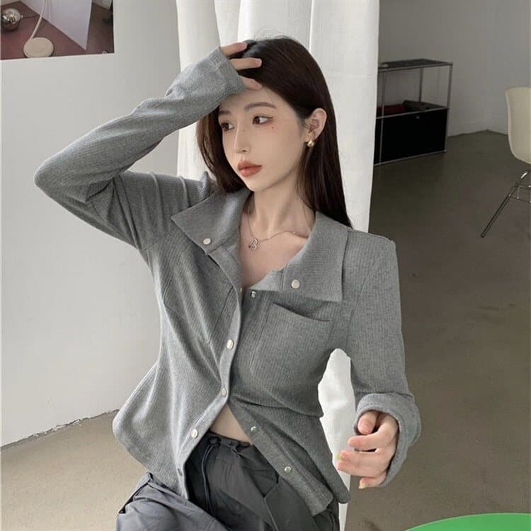 주간 고양이 품질 회색 인사이드 가져 가라. 기본 셔츠 여성 봄 가을 패션 셔츠 품격 Chic 긴팔 맨위 상세 이미지 10