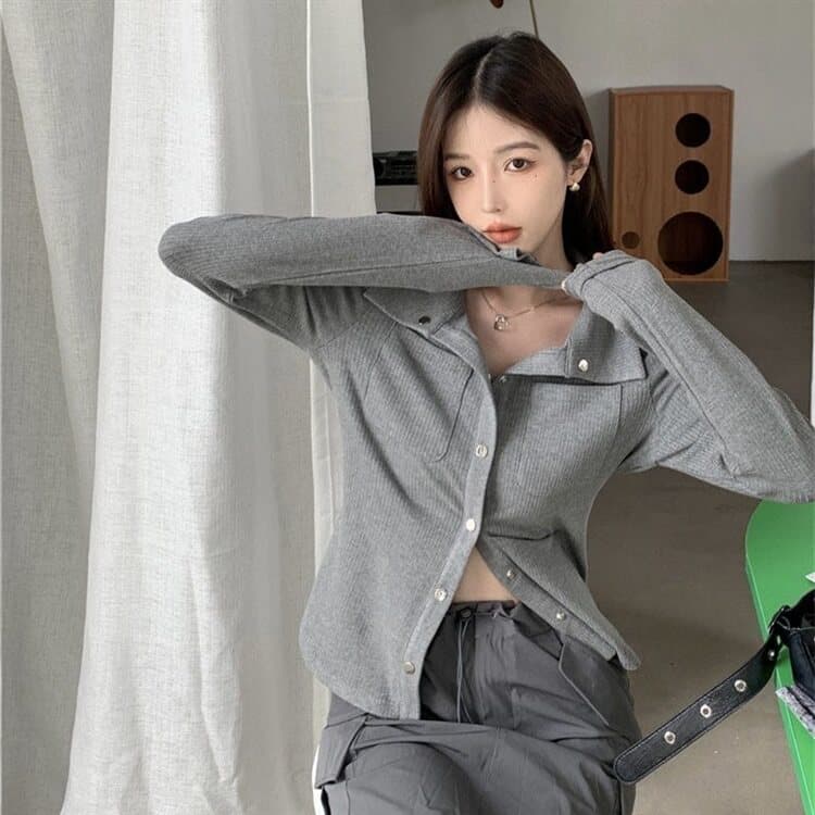 주간 고양이 품질 회색 인사이드 가져 가라. 기본 셔츠 여성 봄 가을 패션 셔츠 품격 Chic 긴팔 맨위 상세 이미지 11