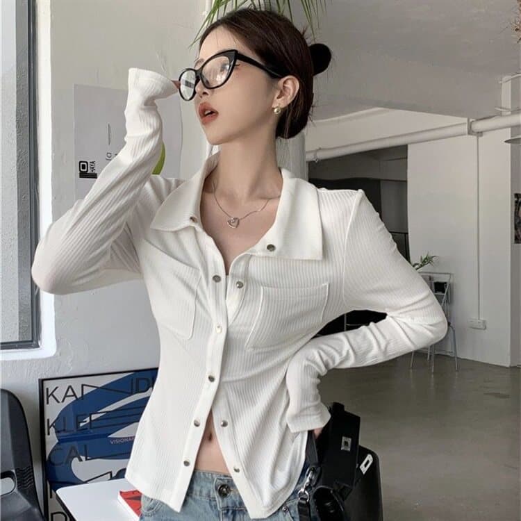 주간 고양이 품질 회색 인사이드 가져 가라. 기본 셔츠 여성 봄 가을 패션 셔츠 품격 Chic 긴팔 맨위 상세 이미지 14