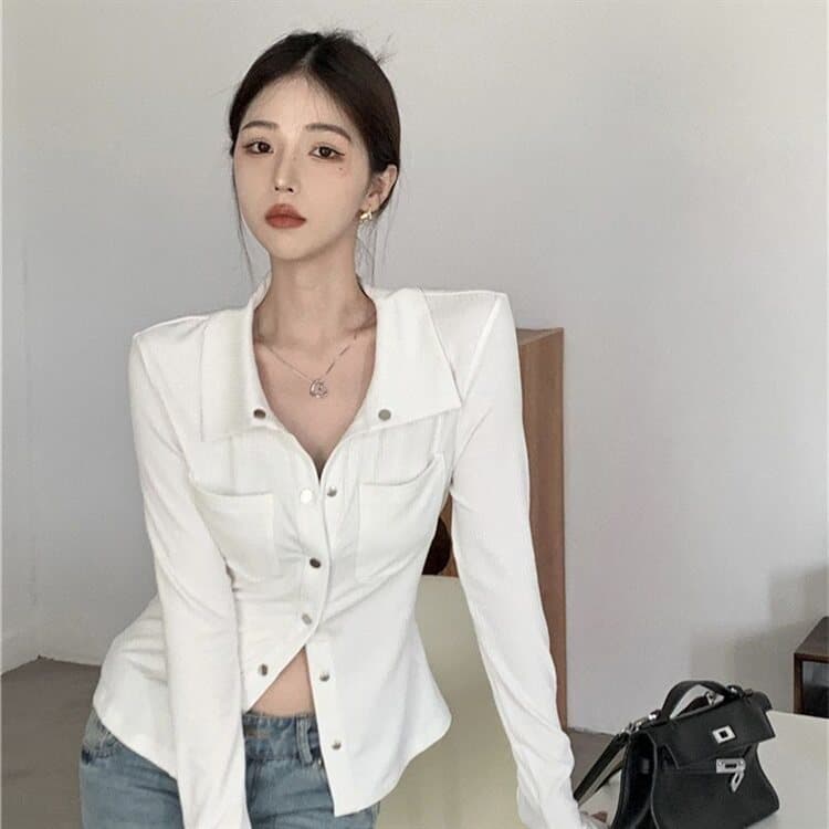 주간 고양이 품질 회색 인사이드 가져 가라. 기본 셔츠 여성 봄 가을 패션 셔츠 품격 Chic 긴팔 맨위 상세 이미지 17