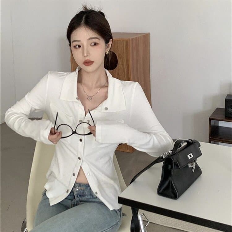 주간 고양이 품질 회색 인사이드 가져 가라. 기본 셔츠 여성 봄 가을 패션 셔츠 품격 Chic 긴팔 맨위 상세 이미지 18