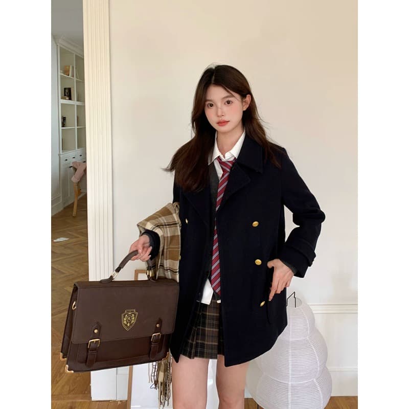 대 버튼 360 그램 재킷 가을 겨울 일본식 학원 스타일 모직 코트 여성 코트 편지 岚 대학교 이미지 2