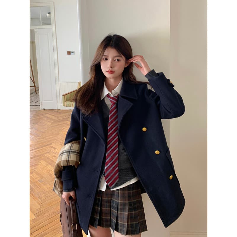대 버튼 360 그램 재킷 가을 겨울 일본식 학원 스타일 모직 코트 여성 코트 편지 岚 대학교