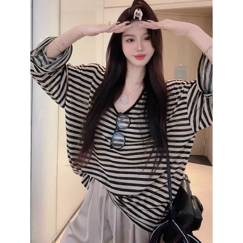 원본 품질 느긋한 바람 스트라이프 긴팔 자외선 차단 티셔츠 여성 의류 가을 u 칼라 루즈핏 얇은 스타일 외부 잡아라. 의류 이미지 2