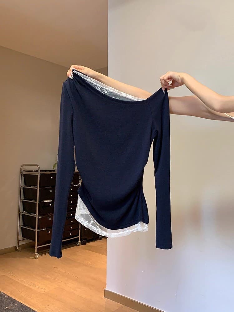 원본 품질 블루 순수한 색 욕망 비스듬한 어깨 오프숄더 몸매 가꾸기 긴팔 티셔츠 가을 레이스 기본 셔츠 인사이드 가져 가라. 상세 이미지 2