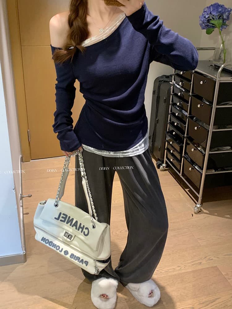 원본 품질 블루 순수한 색 욕망 비스듬한 어깨 오프숄더 몸매 가꾸기 긴팔 티셔츠 가을 레이스 기본 셔츠 인사이드 가져 가라. 상세 이미지 7