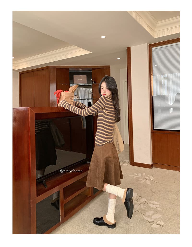 양모 원본 원단 한 부서 스트라이프 티셔츠 여성 가을 새로운 긴팔 기본 셔츠 미니멀리즘 다용도 맨위 상세 이미지 7